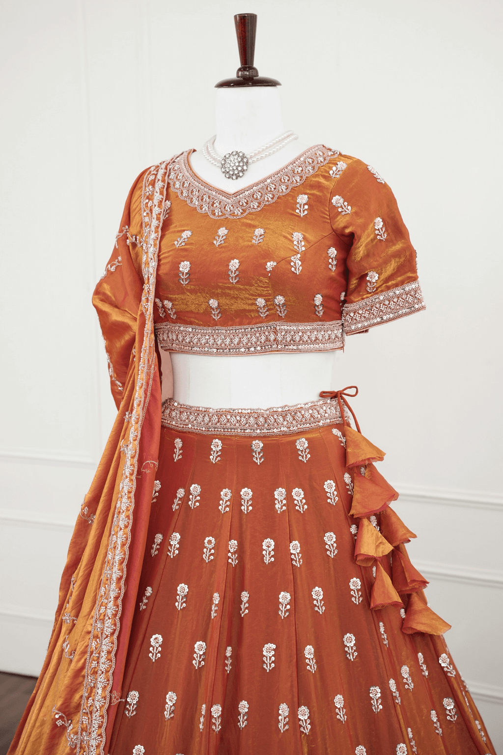 Rust Orange Mirror & Thread Embroidered Lehenga Set