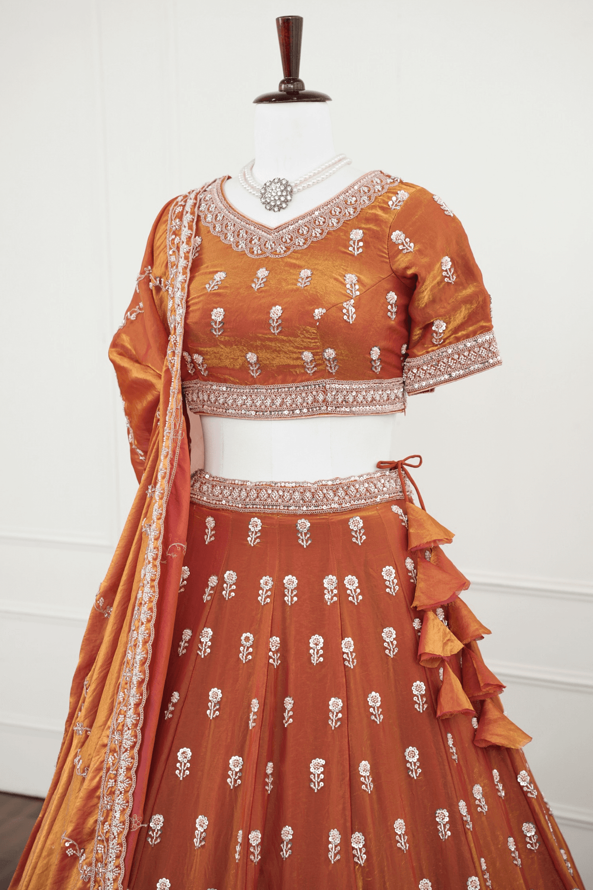 Rust Orange Mirror & Thread Embroidered Lehenga Set