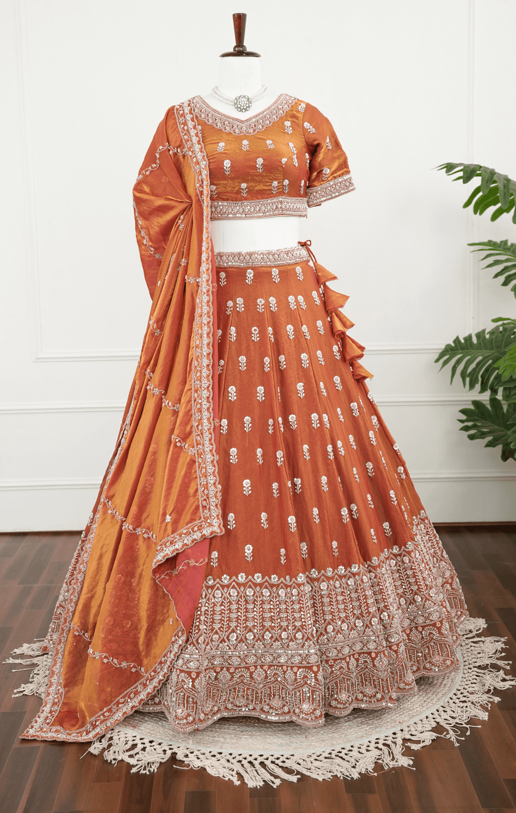 Rust Orange Mirror & Thread Embroidered Lehenga Set