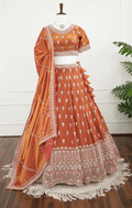 Rust Orange Mirror & Thread Embroidered Lehenga Set