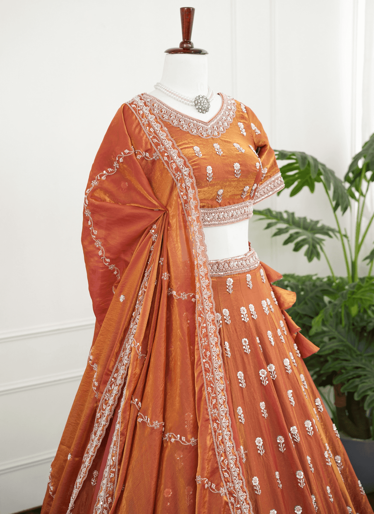 Rust Orange Mirror & Thread Embroidered Lehenga Set