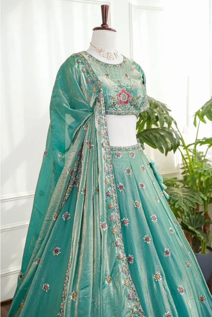 Aqua Blue Lehenga with Multicolor Floral Embroidery