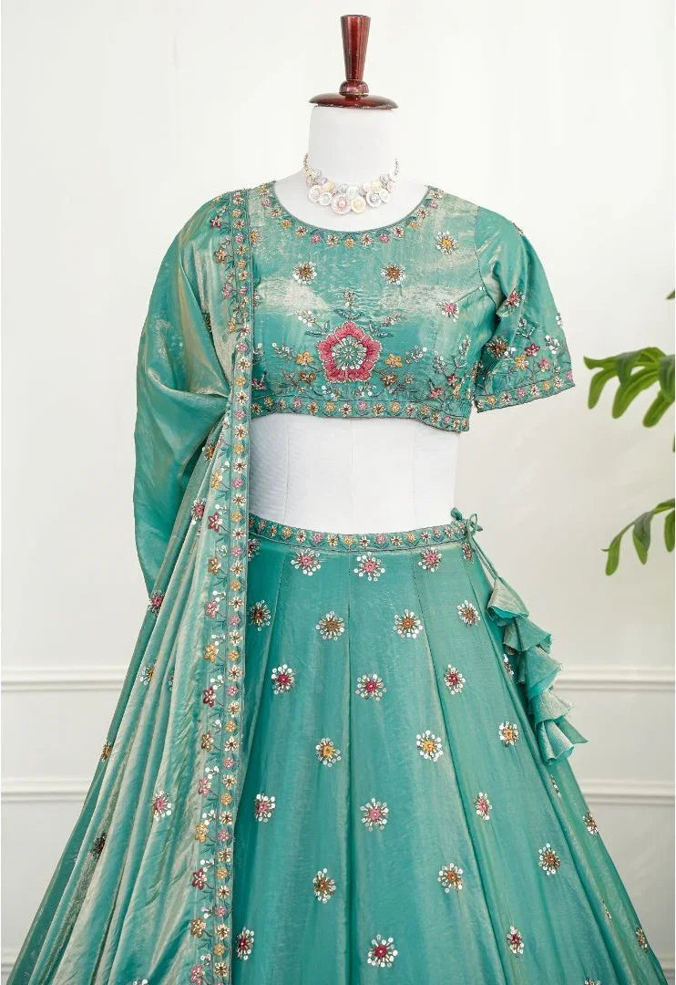 Aqua Blue Lehenga with Multicolor Floral Embroidery