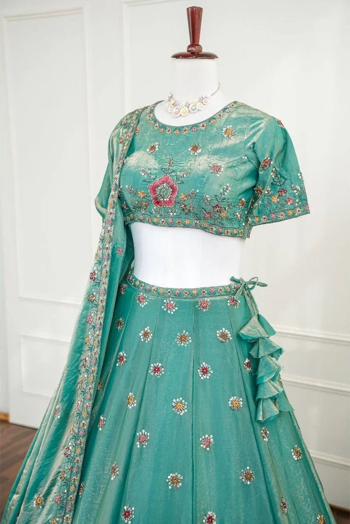 Aqua Blue Lehenga with Multicolor Floral Embroidery