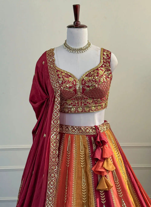 Orange & Yellow Embroidered Lehenga Set with Zari Work