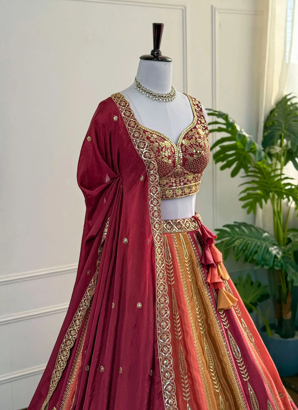 Orange & Yellow Embroidered Lehenga Set with Zari Work