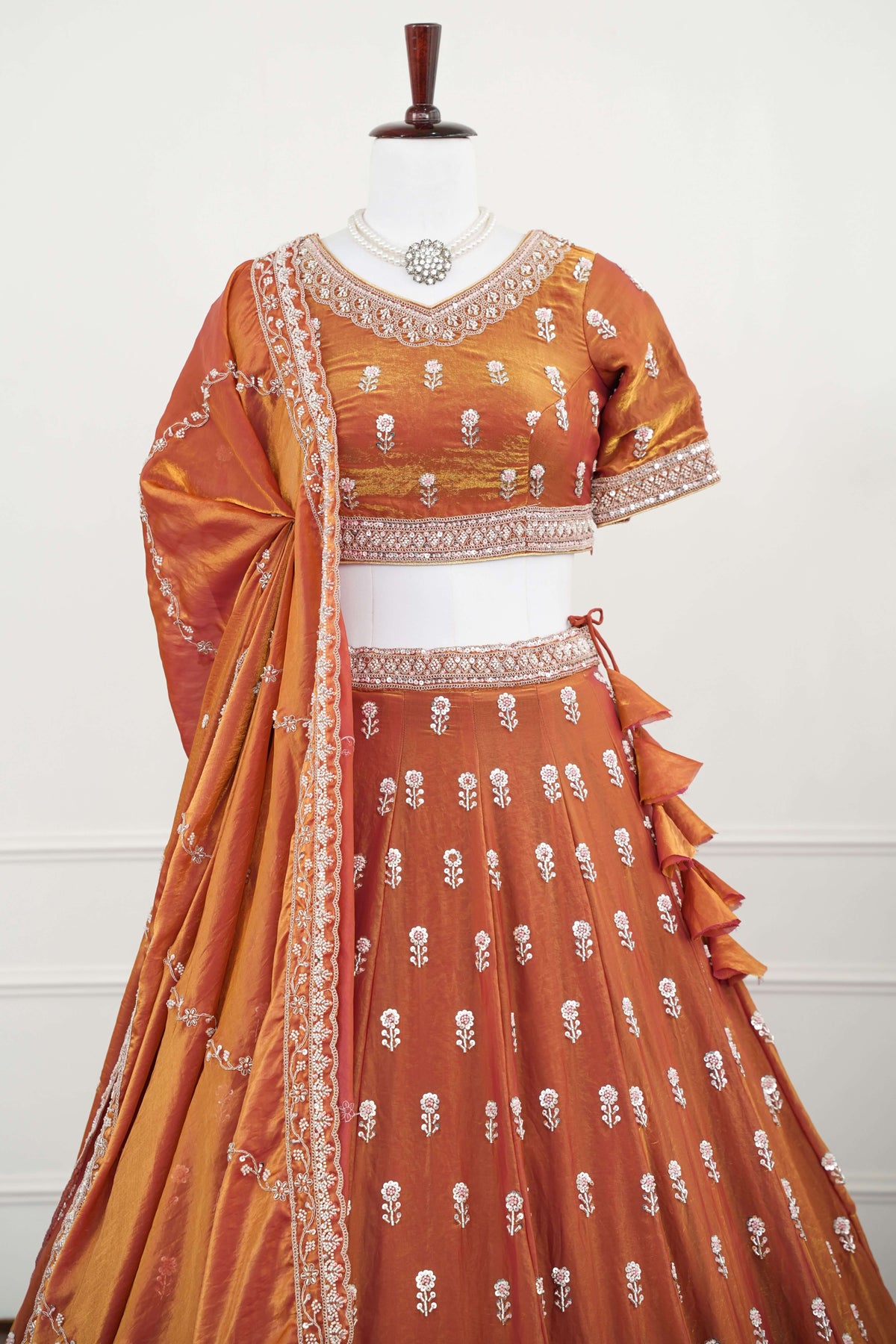 Rust Orange Mirror & Thread Embroidered Lehenga Set