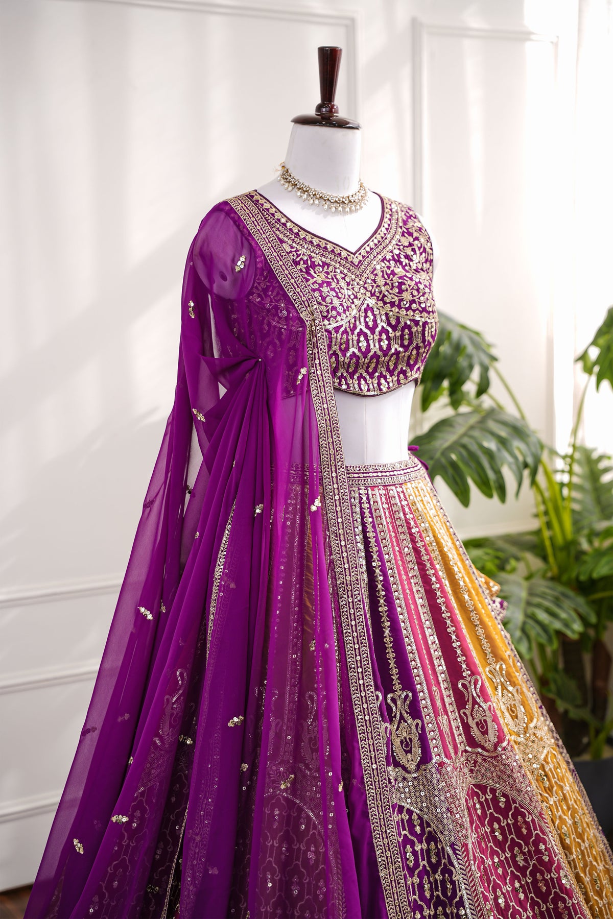 Purple & Yellow Dual-Tone Embroidered Lehenga