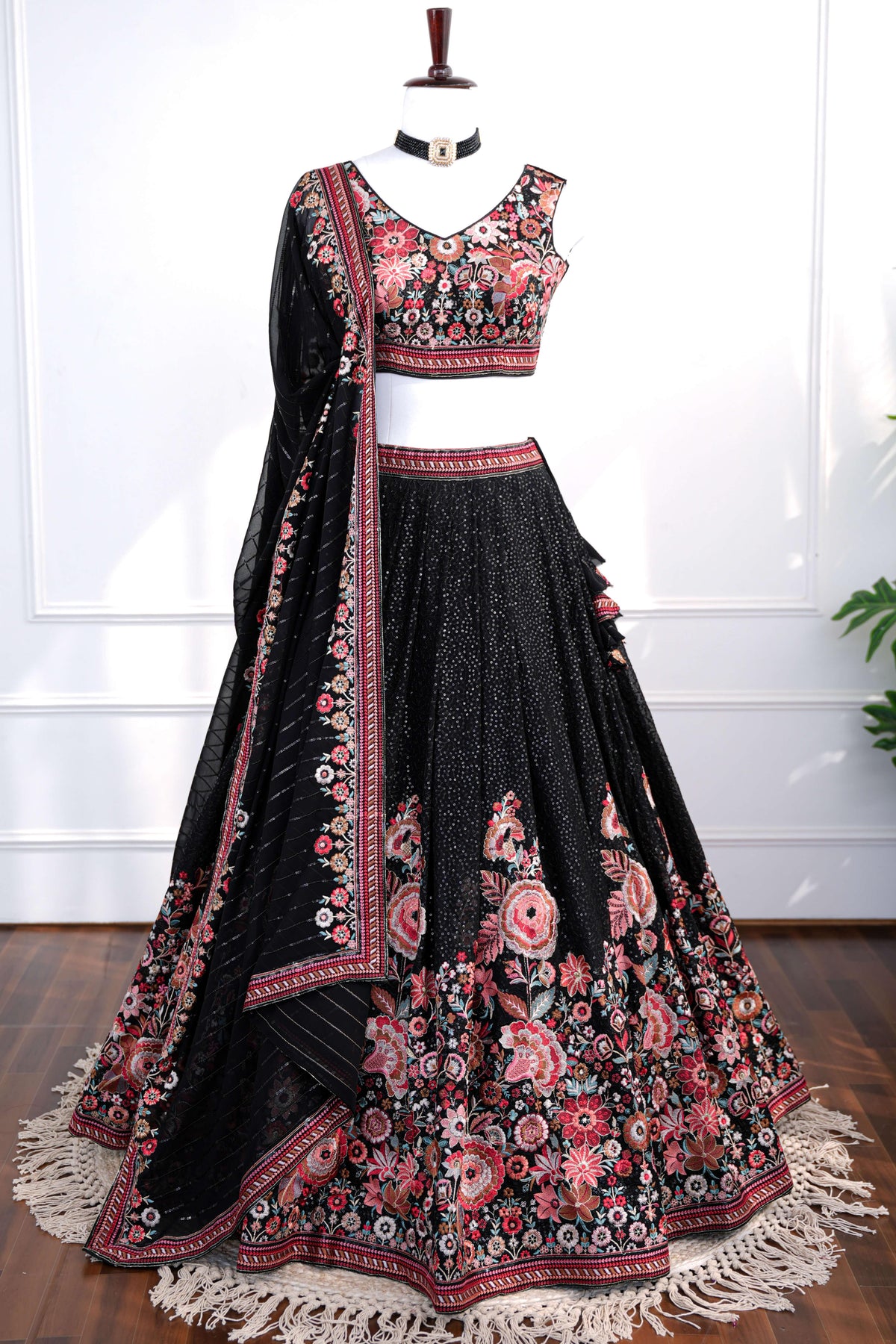 Black Floral Embroidered Lehenga Set