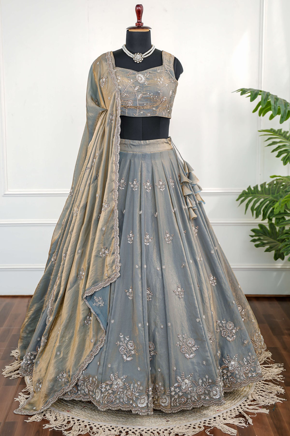 Smoky Grey Embroidered Lehenga Set