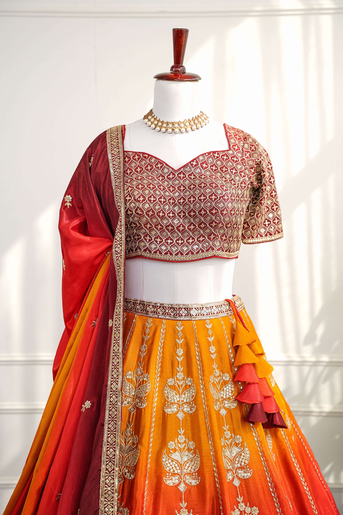 Red & Mustard Ombré Banarasi Embroidery Lehenga Set