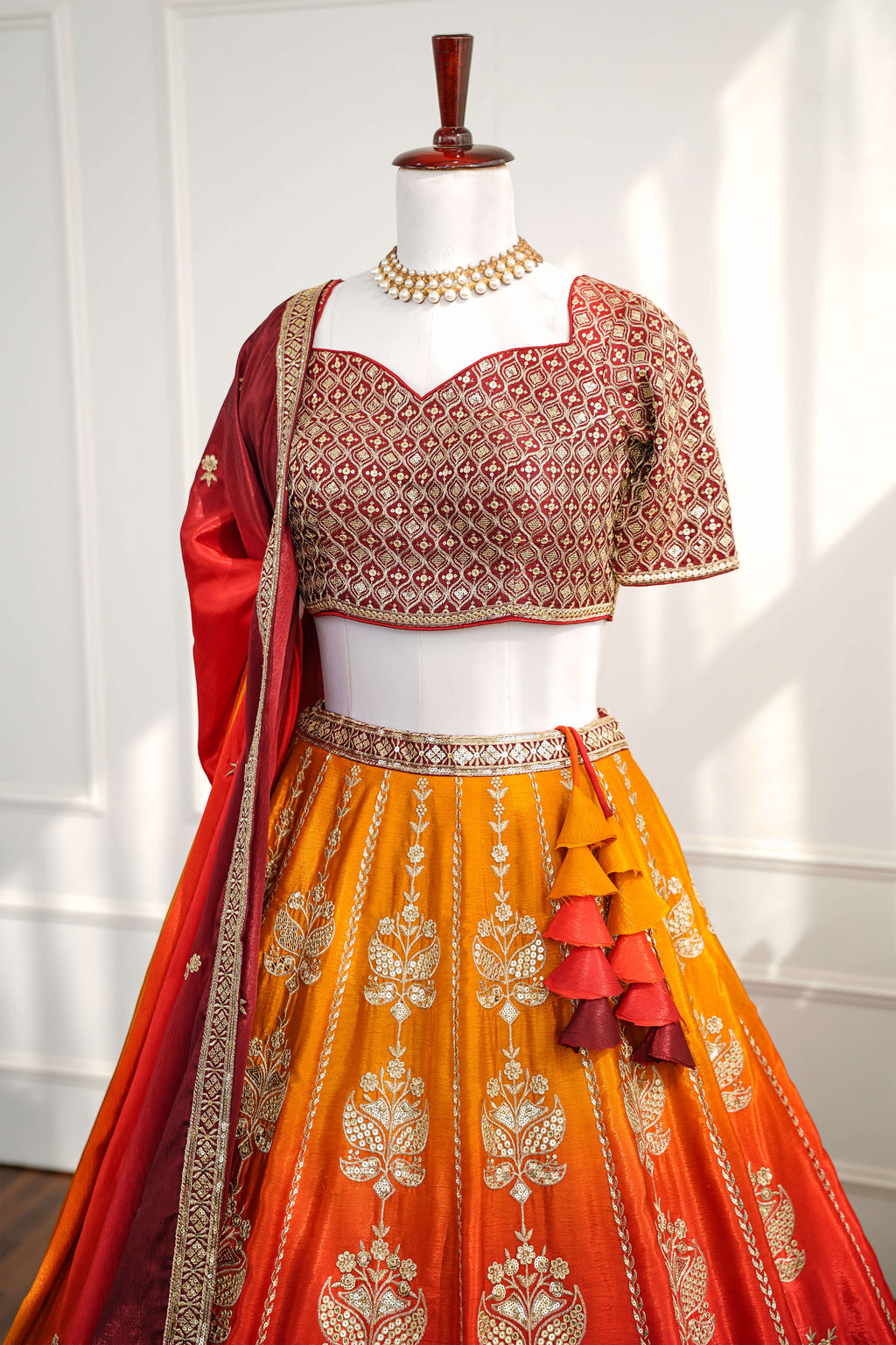 Red & Mustard Ombré Banarasi Embroidery Lehenga Set