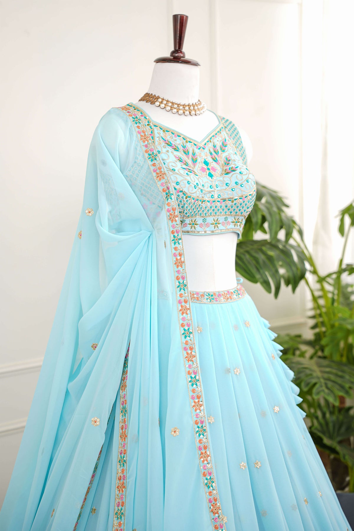 Sky Blue Floral Embroidered Lehenga Set