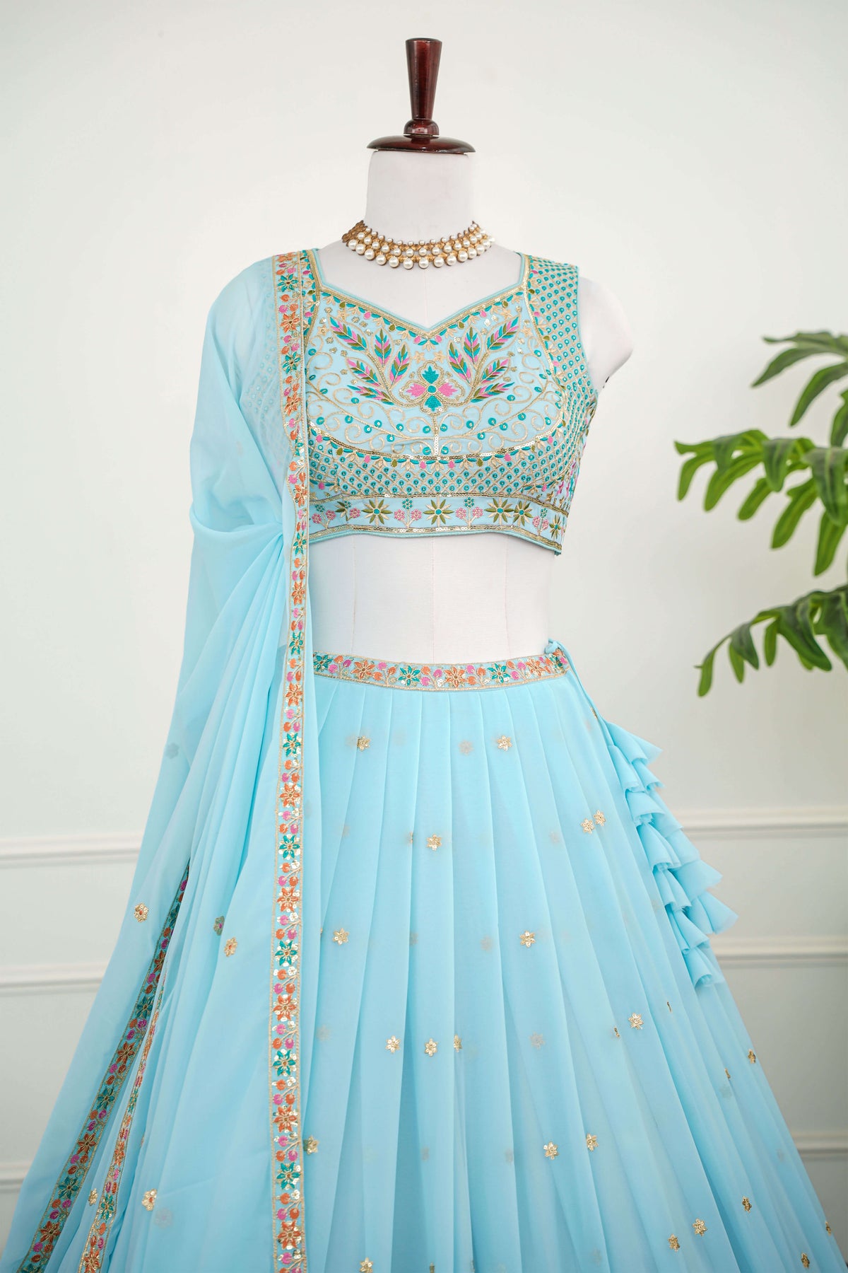 Sky Blue Floral Embroidered Lehenga Set