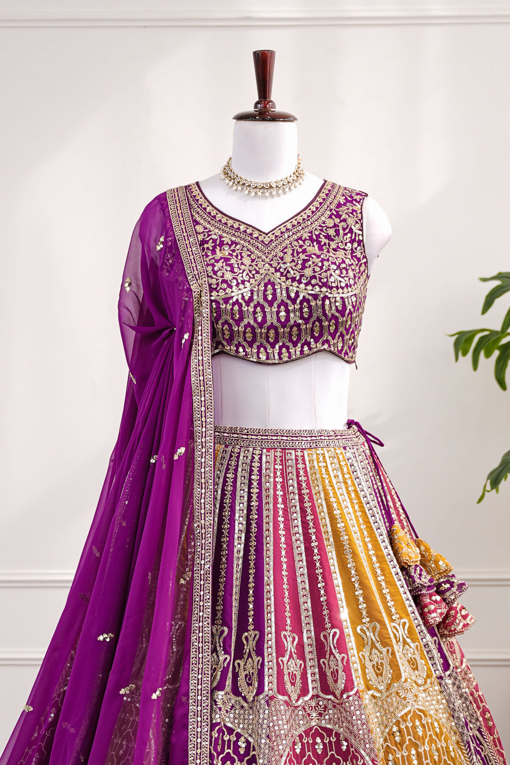 Purple & Yellow Dual-Tone Embroidered Lehenga
